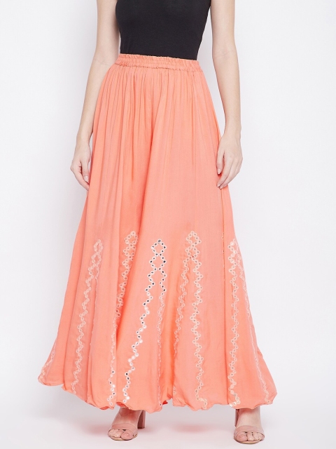 

TULIP 21 Women Peach-Coloured & Silver Zig-Zag Mirror-Work Flared Ethnic Palazzos