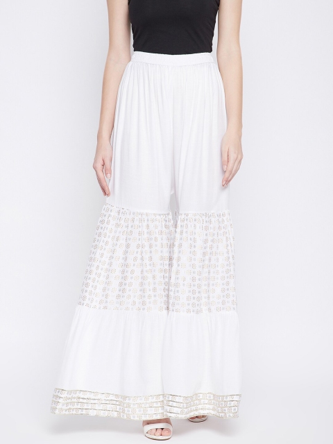 

TULIP 21 Women White Floral Printed Tiered Flared Ethnic Palazzos