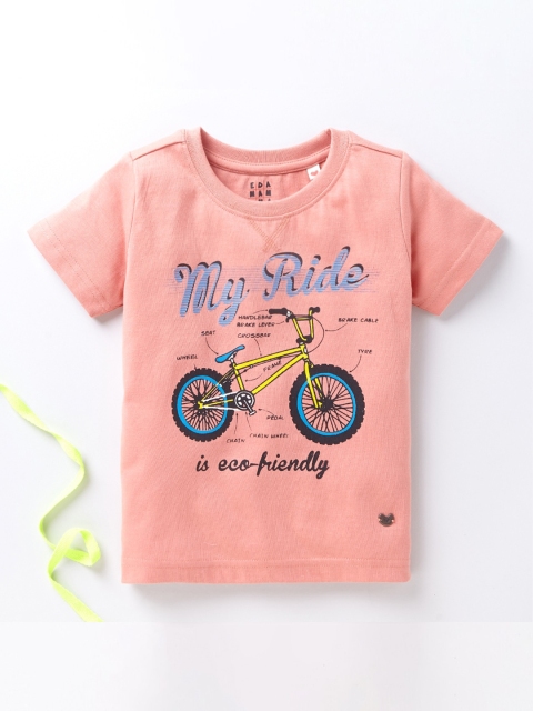 

Ed-a-Mamma Boys Peach-Coloured Blue Graphic Printed Pure Cotton T-shirt