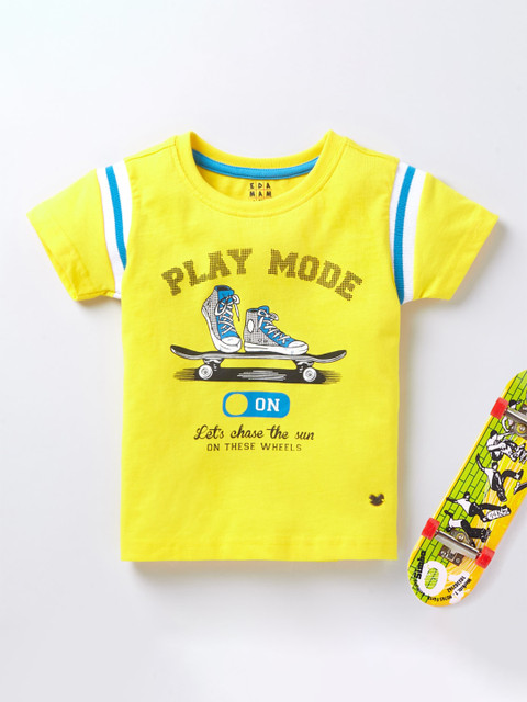 

Ed-a-Mamma Boys Yellow Blue Graphic Printed Pure Cotton T-shirt
