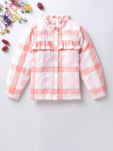 

Ed-a-Mamma Peach-Coloured & White Checked Ruffles Sustainable Shirt Style Top