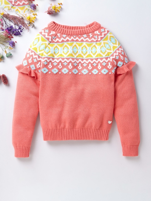 

Ed-a-Mamma Girls Coral & Yellow Fair Isle Patterned Pullover