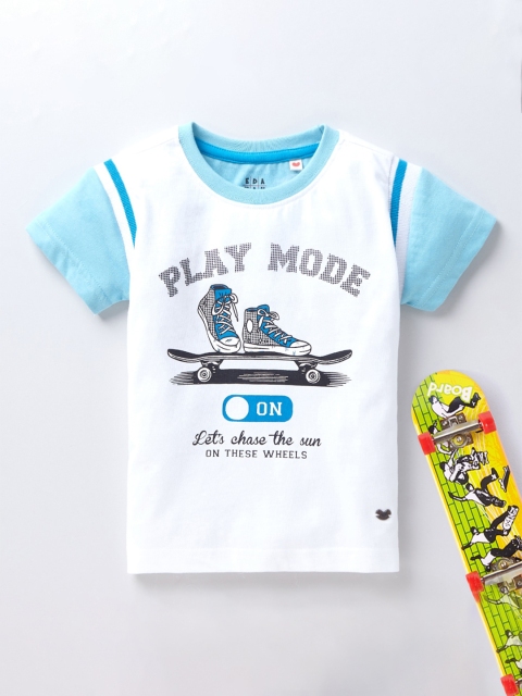 

Ed-a-Mamma Boys White Blue Graphic Printed Pure Cotton T-shirt