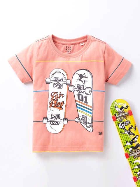 

Ed-a-Mamma Boys Peach-Coloured White Printed Pure Cotton T-shirt