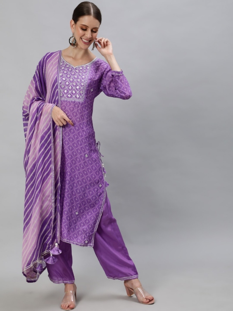 

Ishin Women Purple Ethnic Motifs Embroidered Kurta with Trousers & With Dupatta
