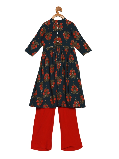 

EthnoVogue Girls Navy Blue & Red Floral Printed Pleated Kurta with Trousers