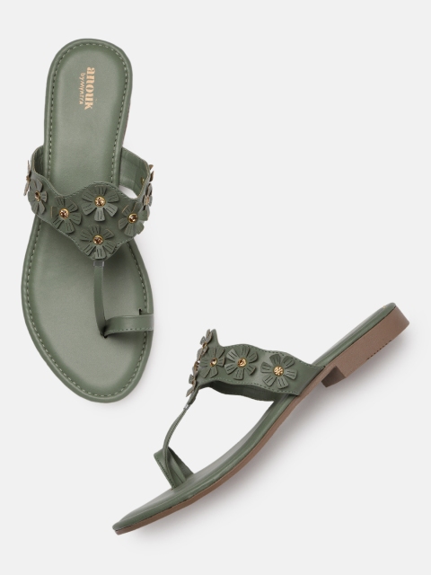 

Anouk Women Olive Green Embellished T-Strap Flats