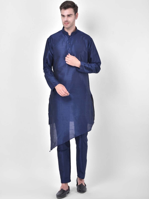 

SG RAJASAHAB Men Navy Blue Pleated Raw Silk Kurta with Trousers