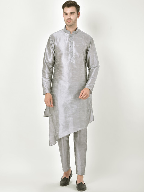 

SG RAJASAHAB Men Silver-Toned Asymmetric Raw Silk Kurta with Trousers