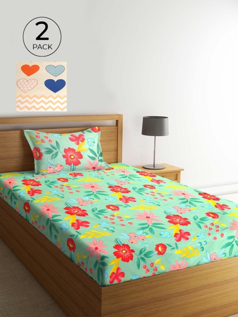 

KLOTTHE Off White & Green Floral 210 TC 2 Single Bedsheet with 2 Pillow Covers
