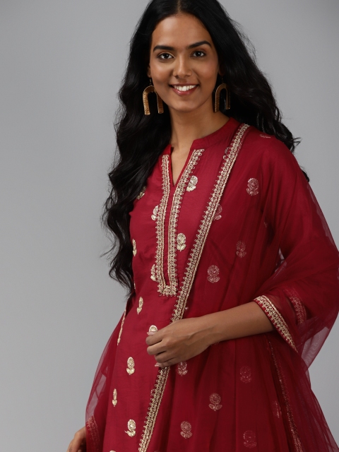 

Indo Era Women Red Floral Embroidered Regular Sequinned Liva Kurta with Trousers & With Dupatta