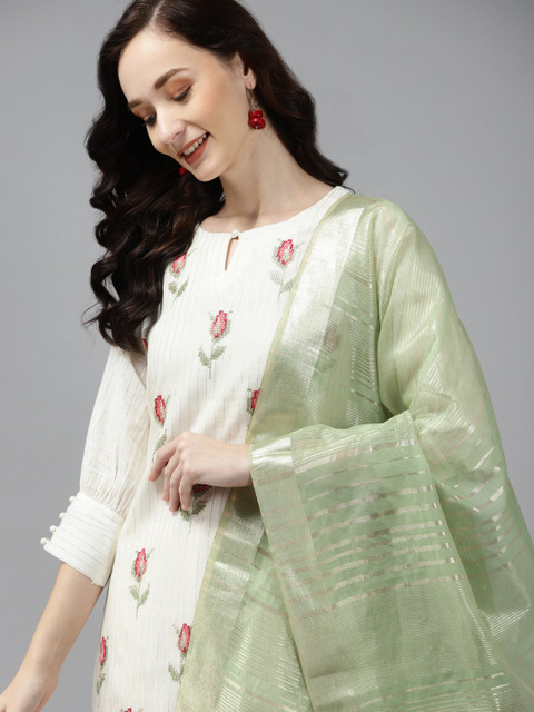 

Indo Era Women Off White Floral Embroidered Regular Thread Work Liva Kurta with Palazzos & With Dupatta