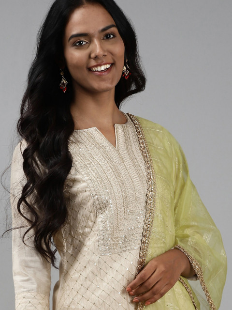 

Indo Era Women Off White Floral Embroidered Regular Sequinned Liva Kurta with Palazzos & With Dupatta