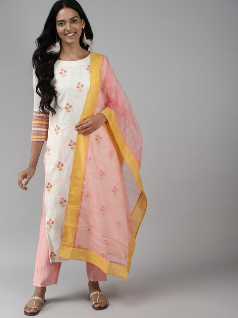 

Indo Era Women Off White Floral Embroidered Regular Sequinned Liva Kurta with Palazzos & With Dupatta