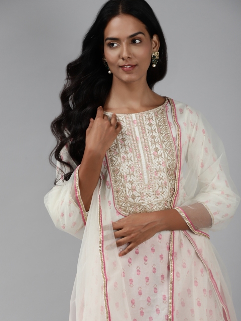 

Indo Era Women Off White Floral Printed Regular Sequinned Pure Cotton Kurta with Palazzos & With Dupatta