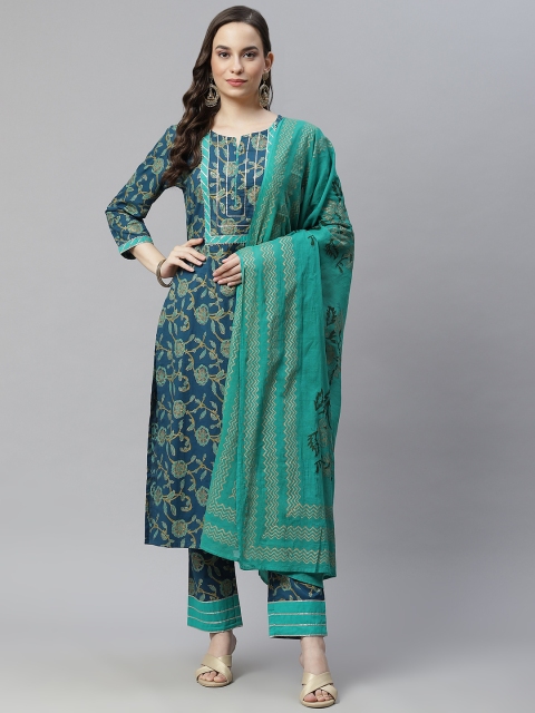

Hatheli Women Green Floral Printed Regular Pure Cotton Kurta with Palazzos & With Dupatta