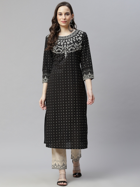 

Hatheli Women Black Embroidered Regular Pure Cotton Kurta with Palazzos