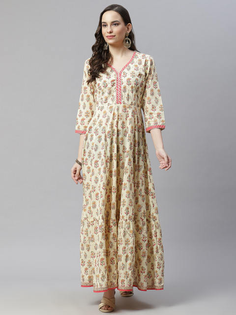 

Hatheli Cream-Coloured Floral Ethnic Cotton Tiered Anarkali Maxi Dress