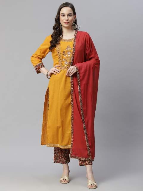 

Hatheli Women Mustard Yellow Embroidered Pure Cotton Kurta with Palazzos & Dupatta