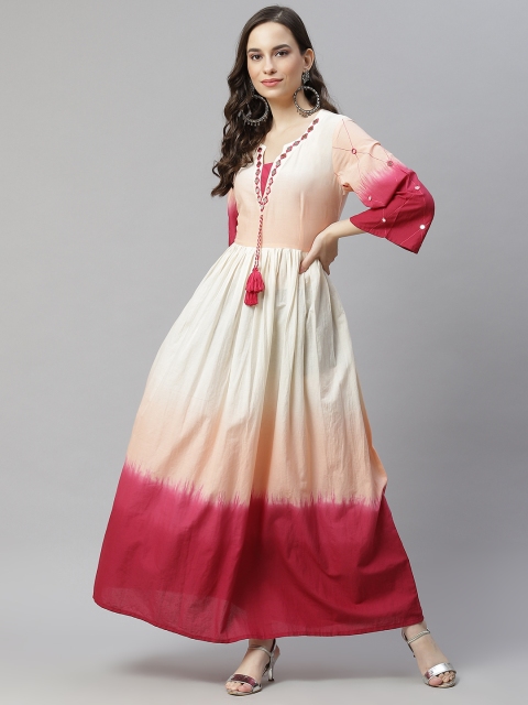 

Hatheli Cream-Coloured & Pink Mirror Work Hand Tie Dye Ombre Cotton Ethnic Maxi Dress