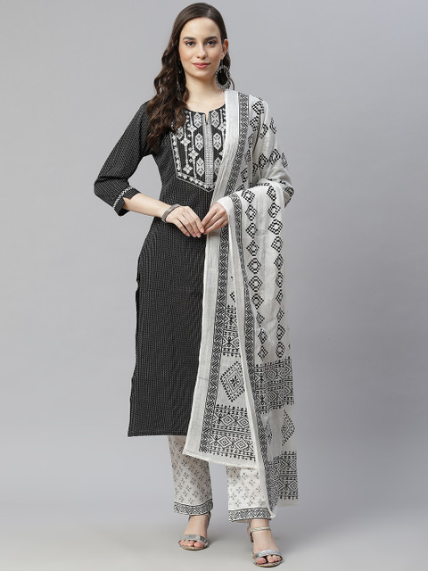 

Hatheli Women Black Yoke Design Regular Sequinned Pure Cotton Kurta with Palazzos & With Dupatta