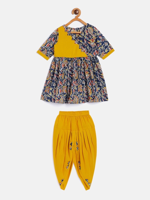 

InWeave Girls Blue& Mustard Kalamkari Printed Pleated Pure Cotton Kurti with Dhoti Pants