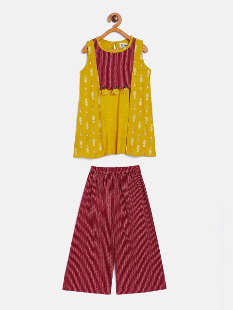 

InWeave Girls Mustard Yellow & Maroon Pure Cotton Top with Palazzos