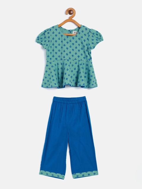 

InWeave Girls Blue & Green Printed Empire Pure Cotton Kurti with Palazzos