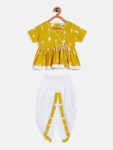 

InWeave Girls Yellow Angrakha Pure Cotton Kurti with Dhoti Pants