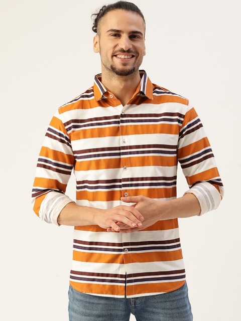 

Molly & Michel Men White & Orange Slim Cotton Horizontal Stripes Opaque Casual Shirt