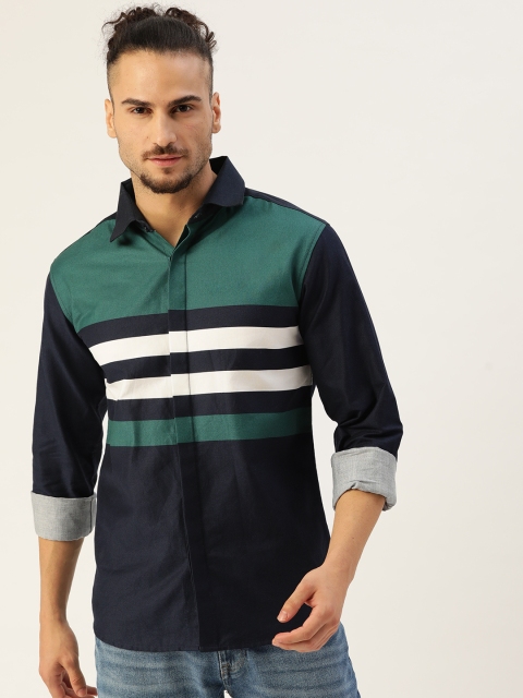 

Molly & Michel Men Navy Blue & Green Cotton Slim Horizontal Stripes Opaque Casual Shirt
