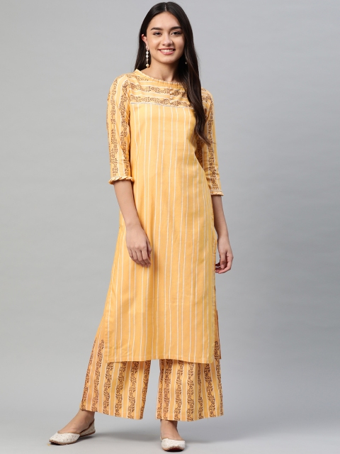 

Tulsattva Women Yellow Printed Regular Beads and Stones Pure Cotton Kurta with Palazzos