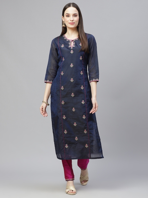 

Tulsattva Women Navy Blue & Pink Ethnic Motifs Embroidered Regular Kurta with Trousers