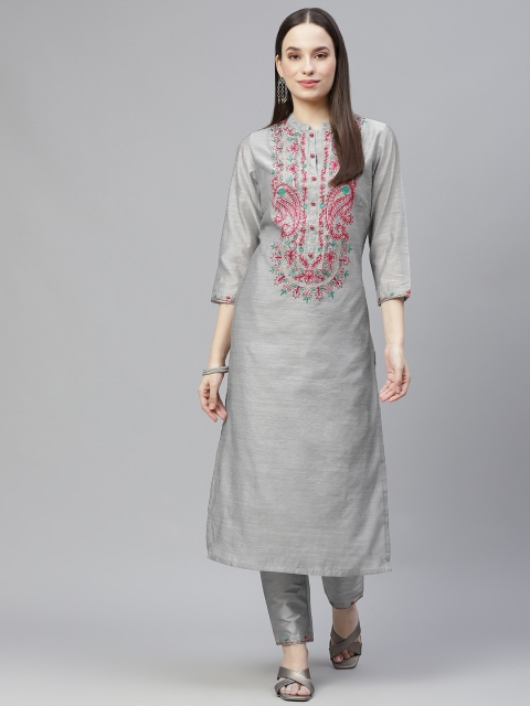 

Tulsattva Women Grey & Pink Ethnic Yoke Design Regular Aari Work Kurta with Trousers