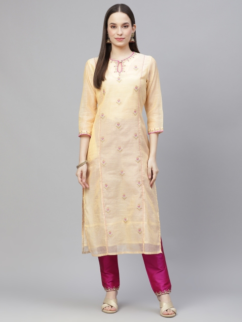 

Tulsattva Women Cream-Coloured & Pink Embroidered Kurta with Trousers
