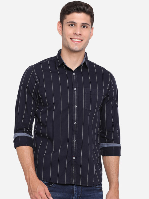 

Greenfibre Men Navy Blue & White Slim Fit Striped Cotton Casual Shirt