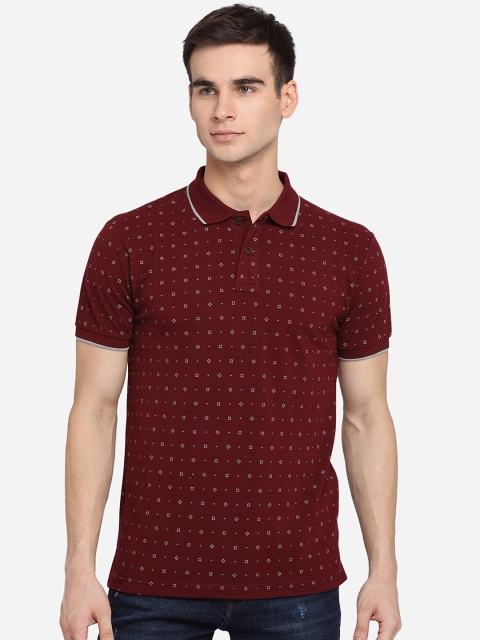 

Greenfibre Men Red & White Printed Polo Collar Slim Fit Pure Cotton T-shirt
