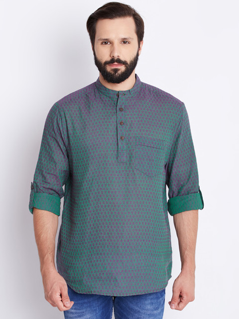 

indus route by Pantaloons Men Green Dual-Toned Woven Design Straight Kurta