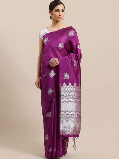 

Ishin Purple & Silver-Toned Ethnic Motifs Zari Banarasi Saree