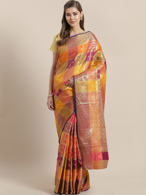 

Ishin Yellow & Pink Ethnic Motifs Zari Art Silk Kanjeevaram Saree