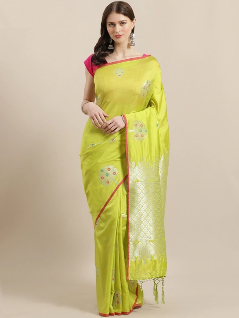 

Ishin Lime Green & Silver-Toned Ethnic Motifs Zari Brocade Baluchari Saree