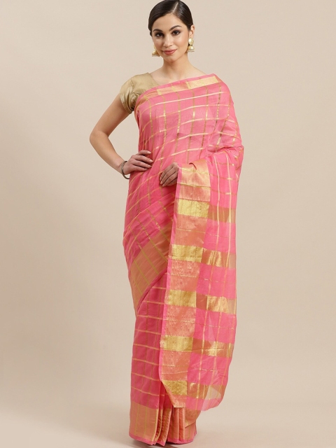 

Ishin Pink & Gold-Toned Checked Zari Mangalagiri Saree