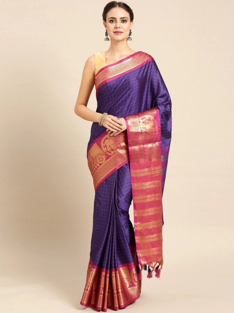 

Ishin Navy Blue & Gold-Toned Checked Zari Art Silk Saree