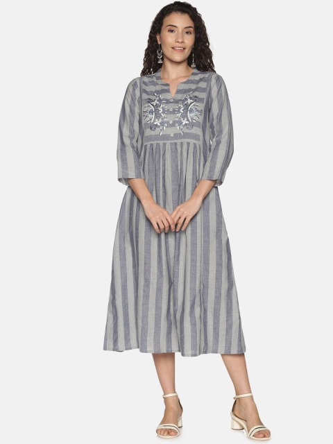 

Saffron Threads Grey & Blue Embroidered A-Line Cotton Dress