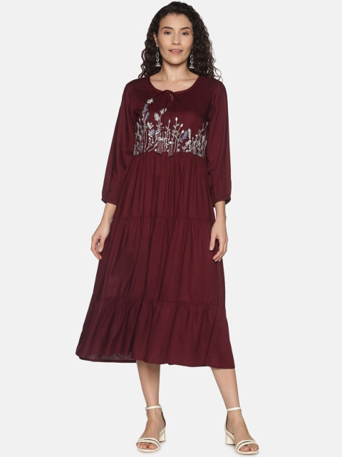 

Saffron Threads Burgundy & White Floral Embroidered A-Line Tiered Dress