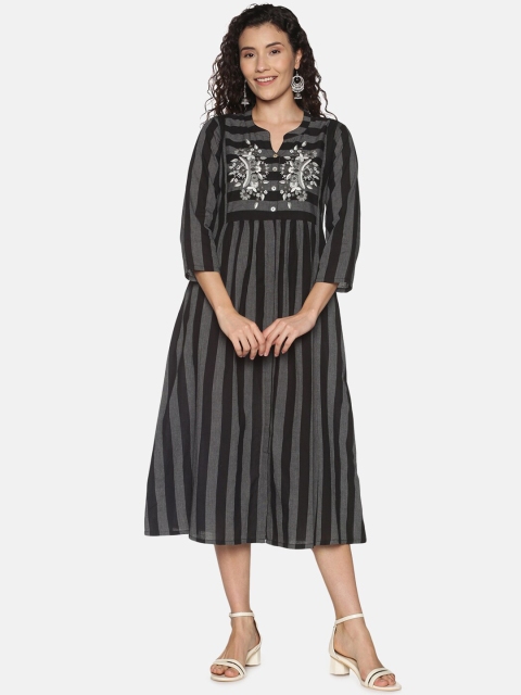 

Saffron Threads Women Black & Grey Striped A-Line Cotton Dress