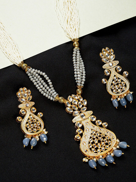 

GloBox By ZeroKaata Gold-Plated White Kundan-Studded & Grey Beaded Meenakari Jewellery Set