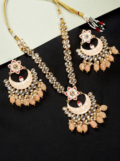 

GloBox By ZeroKaata Gold Plated Peach Kundan & Gemstones Studded Jewellery Set