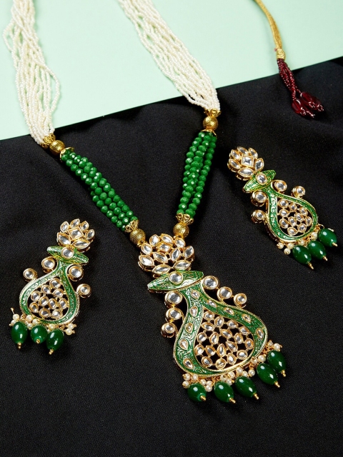 

GloBox By ZeroKaata Gold-Plated White & Green Kundan & Beaded Meenakari Jewellery Set