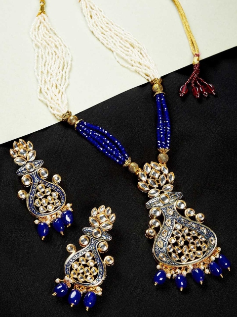 

GloBox By ZeroKaata Gold-Plated White & Blue Kundan Meenakari Jewelry Set